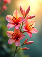 Fototapeta premium vibrant bouquet exotic flowers blooms soft focus blurred background warm golden light casting gentle shadows