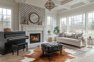 Modern living room with coffered ceiling, black piano, vintage mirror, cowhide rug, geometric wallpaper, and designer decor, creating an elegant atmosphere.