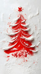 Christmas tree stands on white flour background resembling snow for whimsical holiday backdrop