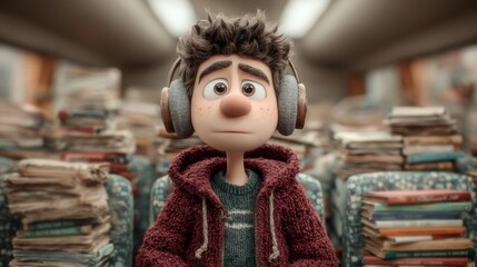 Obraz premium Thoughtful Young Man Listens to Music on Headphones Amidst Stacks of Books
