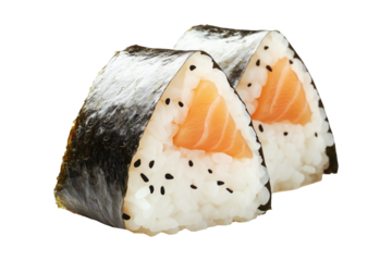 Japanese salmon onigiri rice ball wrapped in nori seaweed, isolated on white transparent background, showcasing traditional Asian cuisine concept