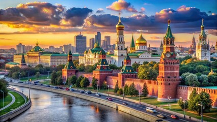 Obraz premium Scenic view of moscow kremlin buildings and cityscape at sunset with river