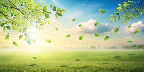 Serene Spring Meadow Landscape with Sunlight and Falling Leaves in Gentle Breeze