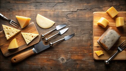 Aromatic Dairy Delights A Culinary Composition of Diverse Cheeses and Elegant Cheese Cutlery on Rustic Wooden Surface
