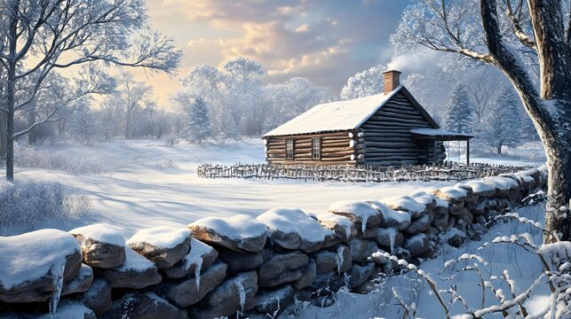 A picturesque winter scene with a rustic log cabin.