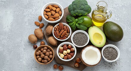 Healthy Fats Food Nuts, Seeds, Avocado and Oil