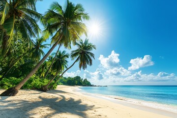 Obraz premium Tropical beach paradise with palm trees under bright sun