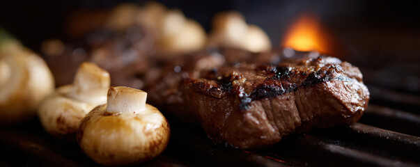 Grilled mushrooms and garlic beside beef on fire create savory scene