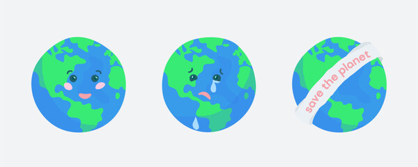 Set of Earth illustrations - happy Earth versus sad Earth and one with a bandage where the text is isolated and could be changed.