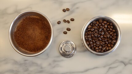 Ground Coffee Beans and Whole Coffee Beans in Metal Bowls