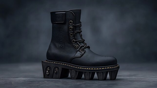 Dark, stylish, high-top boot with sculpted platform sole