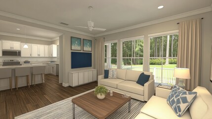 Bright and airy minimalist living room with hidden TV showcasing modern design