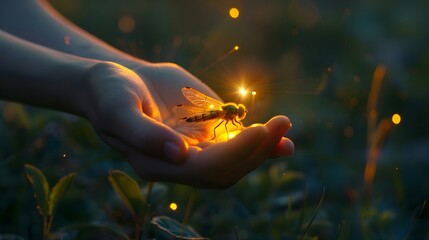 Hand Holding a Firefly: A hand gently cupping a glowing firefly, capturing the magic of nature. 
