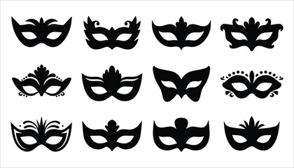 Mardi Gras Mask Set. Black Silhouette Decorative Masks Vector.