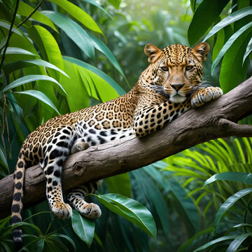 A beautiful leopardess is taking a nap on a tree branch in the middle of the jungle.