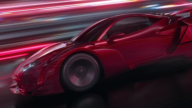 Sleek red sports car racing at high speed on neon highway. Power acceleration on a night track with colorful lights. Futuristic digital background. Concept of velocity and technology. 3d animation