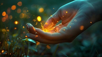Hand Holding a Firefly: A hand gently cupping a glowing firefly, capturing the magic of nature. 
