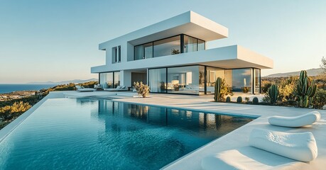 Fototapeta premium Architectural marvel: stunning modern villa with infinity pool overlooking the tranquil sea, perfect getaway for relaxation and luxury