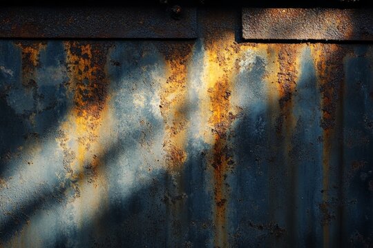 Rusted metal surface with dramatic shadows.