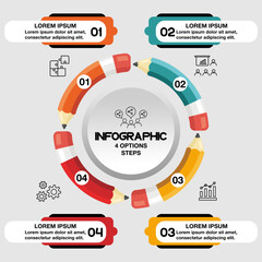 infographic vector 4 pencil design template illustration a round business process chart with arrows showing steps in a web layout concept for marketing presentation. vector eps