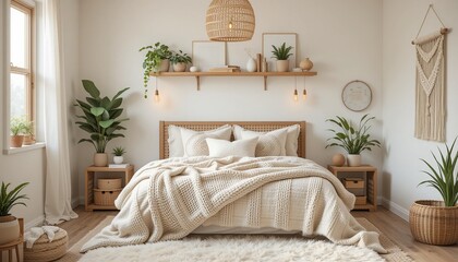 Serene bedroom interior with a neutral color scheme, natural light, plants, and a cozy aesthetic for relaxation and rest.