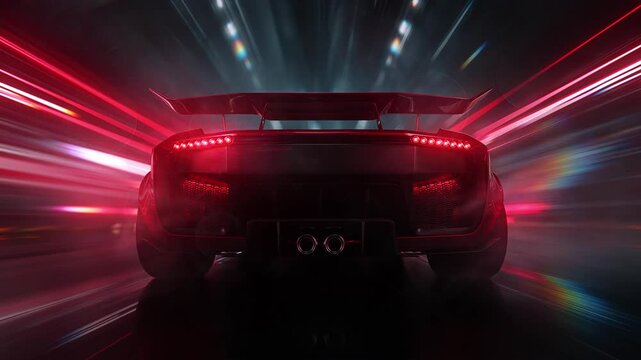Rear view of a red sports car racing at high speed on neon highway. Power acceleration on a night track with colorful lights. Futuristic digital background. 3d concept of velocity and technology.