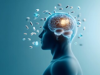 A vibrant silhouette highlighting a glowing digestive system with floating psyllium husk seeds, representing gut health benefits.