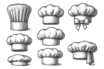 chef hat set woodcut engraving vector illustration