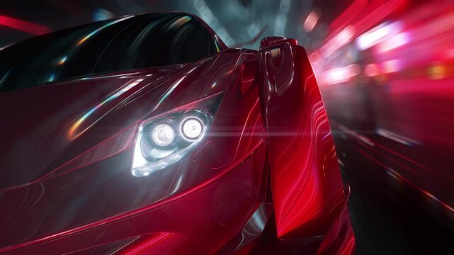 Close up of the headlights of a red sports car racing at high speed on neon highway. Power acceleration on a night track with colorful lights and lines. Concept of velocity and technology. 3d render