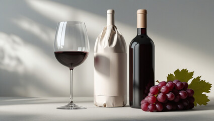 Obraz premium Unbranded wine bottle with red wine glass and grapes. Elegant composition ideal for beverage advertising, wine packaging, or branding presentations.