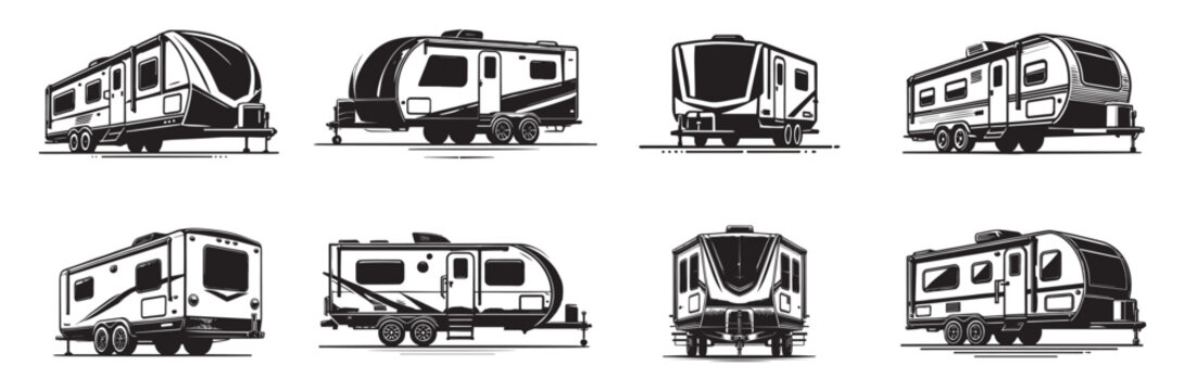 RV trailer vector illustration set, camp trailer vehicle collection