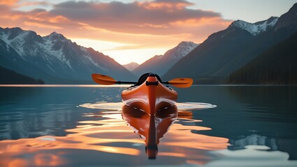 Kayak on Lake at Sunset with Mountain Backdrop