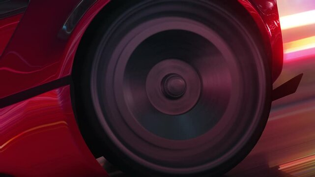 Close up of the rear wheel of a red sports car speeding along a neon highway. Power acceleration on a night track with colorful lights and lines. Concept of velocity and technology. 3d animation