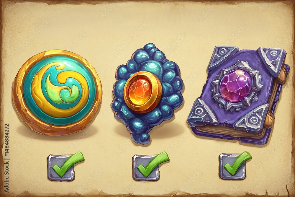 Aufkleber decorative items and magical books displayed on a textured background in a fantasy-themed compositio
