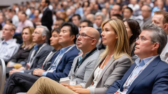 Attentive Audience at Event: A sea of diverse faces, captured in a medium shot, intently focused during a professional seminar, exhibition, or conference.
