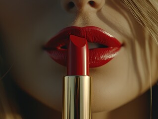 Close-up of a woman's lips with bright red lipstick.