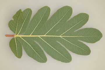 Close-up of a single, light-green leaf with prominent venation.  Leaf is broadly lobed with a central rib. Stem is visible