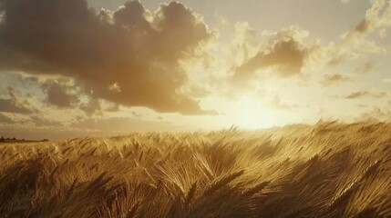Golden wheat field illuminated by the setting sun, creating a serene and peaceful landscape