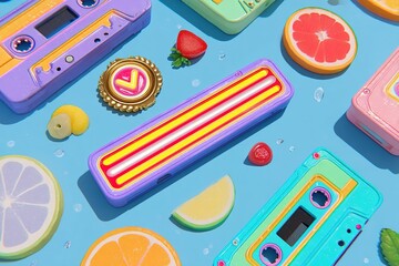 Colorful retro cassette tapes and fruit slices create a vibrant summer theme on a blue background