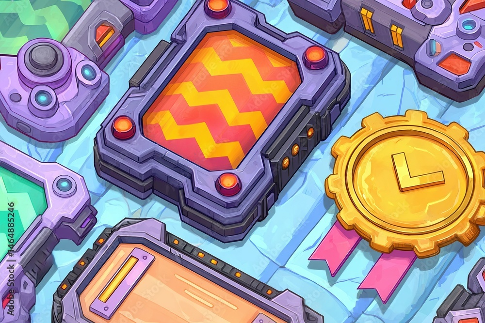 Poster colorful digital game interface elements featuring controllers, badges, and decorative frames on a t