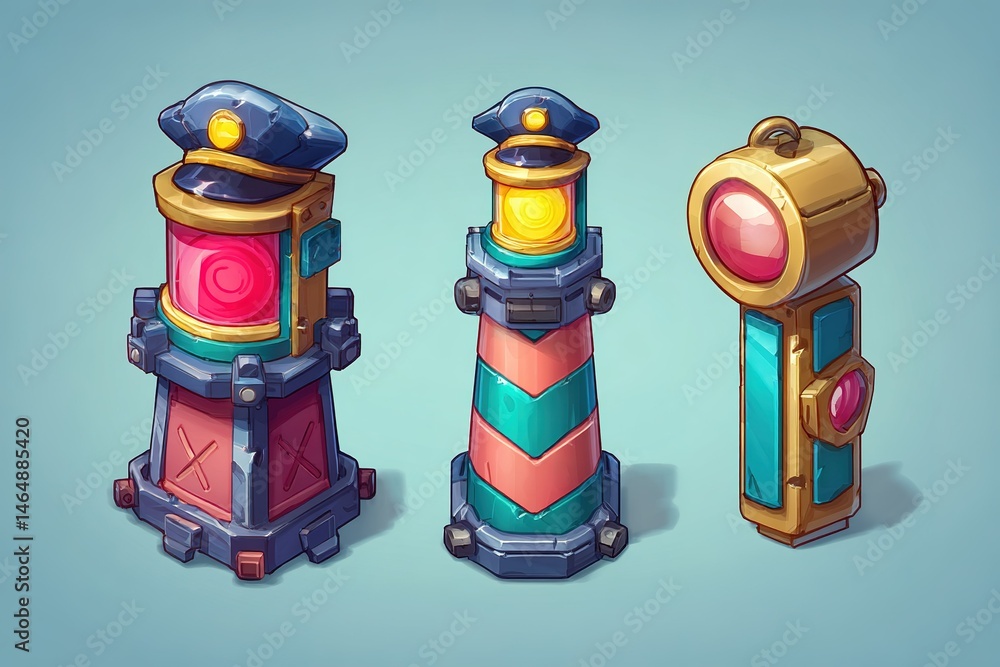 Poster colorful animated game assets depicting various unique tower designs for strategy gameplay in a fant