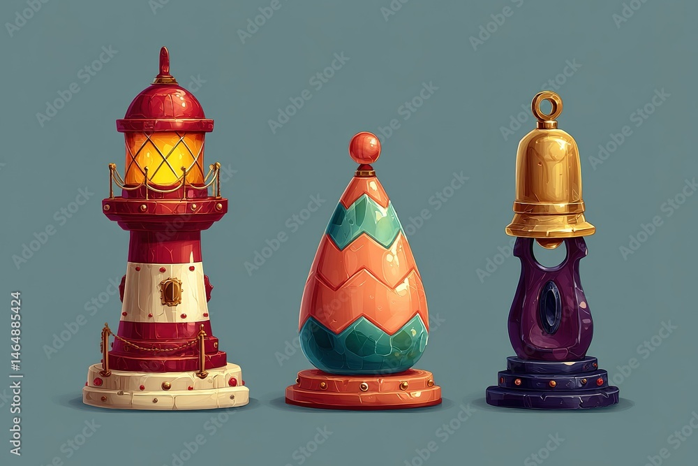 Poster colorful decorative objects on a neutral background showcasing artistic design elements and craftsma