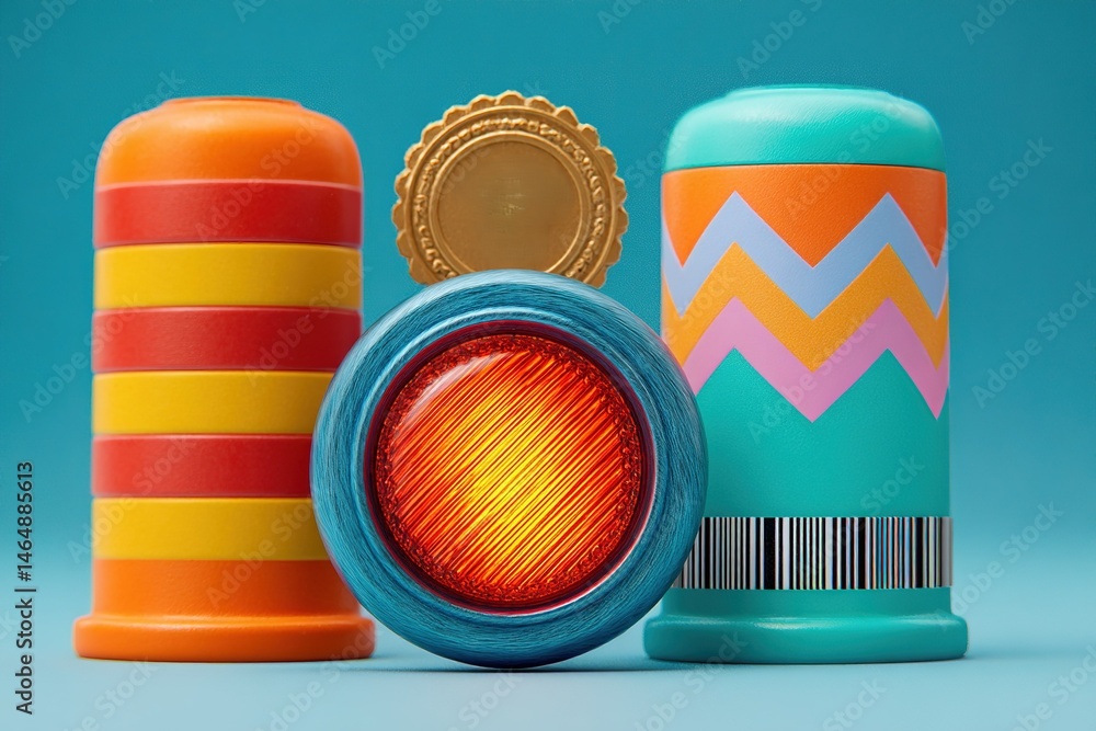 Poster colorful decorative objects arranged on a blue background create a vibrant and playful display for a
