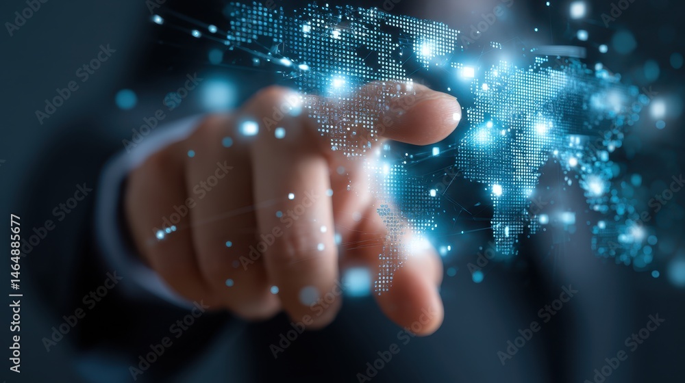 Poster a hand reaching out to touch a digital world map, with glowing data points and connections represent