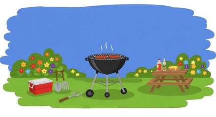 Having Barbecue on the Lawn with Grill and Picnic Table