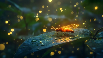 Naklejka premium Tropical Bug on Green Leaf at Night