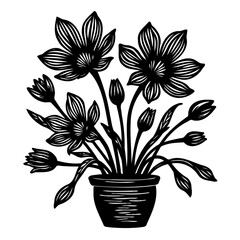 Monochrome floral arrangement in a decorative pot creating a minimalist graphic