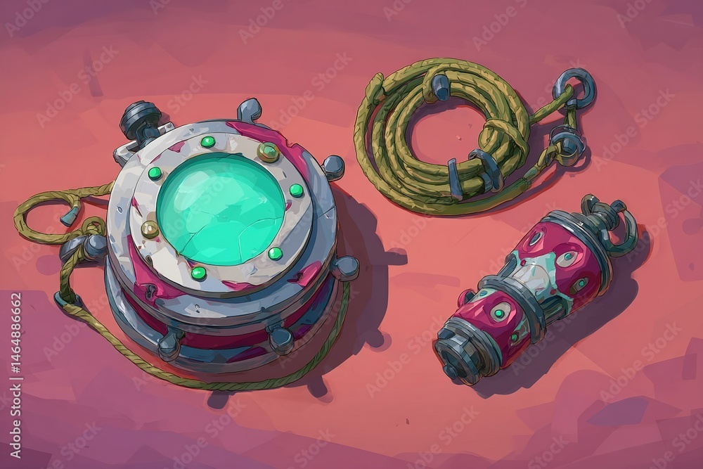 Poster unique magical artifacts displayed on a colorful surface with intricate designs and vibrant colors