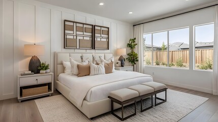 Fototapeta premium Modern master bedroom with light, airy decor.