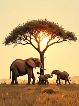 warm golden light casts serene savannah landscape intricate elephant matriarch calf young bull roam